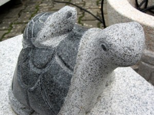 Schildkröte trägt Kind Granit schwarz teils poliert teils geschliffen mittel